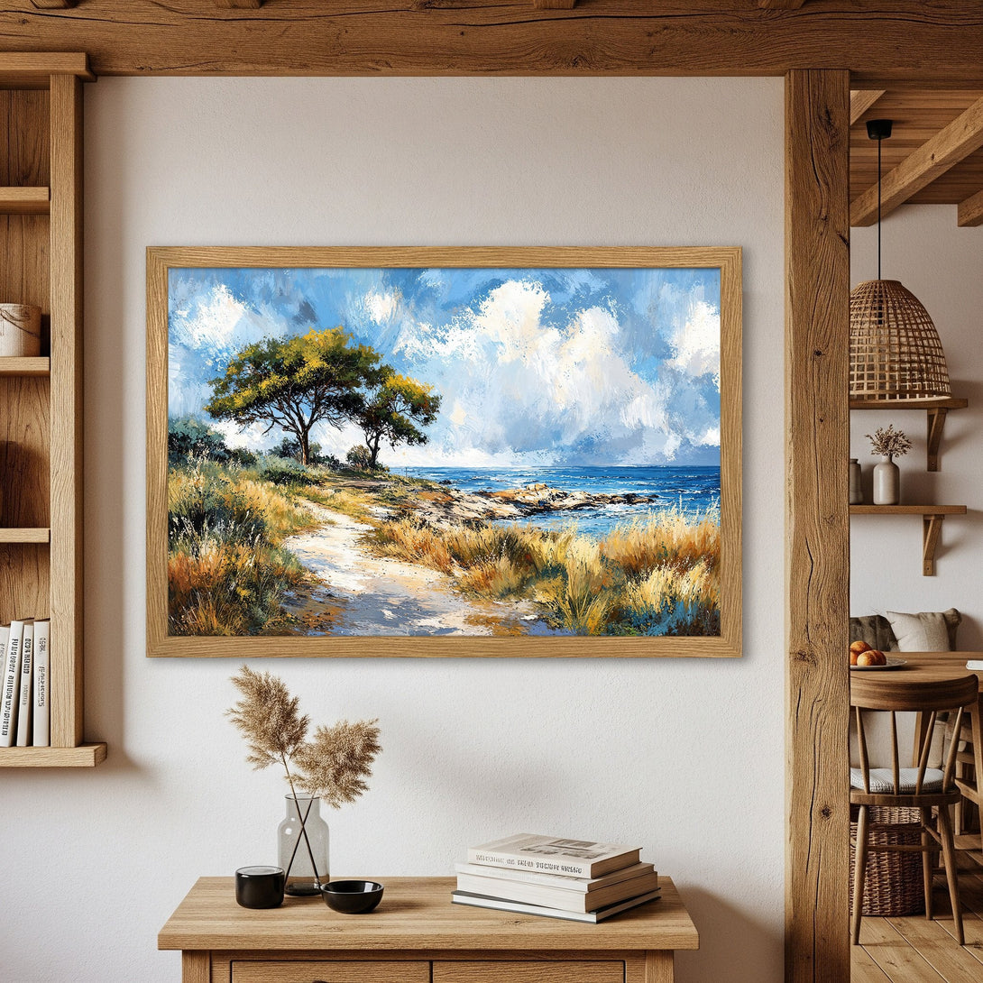 Framed Poster of a coastal landscape in an impressionistic style with blue, yellow, and brown hues. Bring the beauty of nature home!