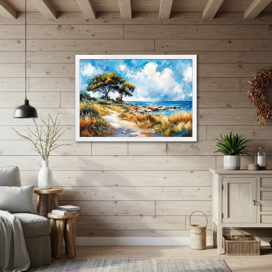 Framed Poster featuring a coastal landscape painting in impressionistic style with blue, yellow, and brown tones. Perfect wall art!