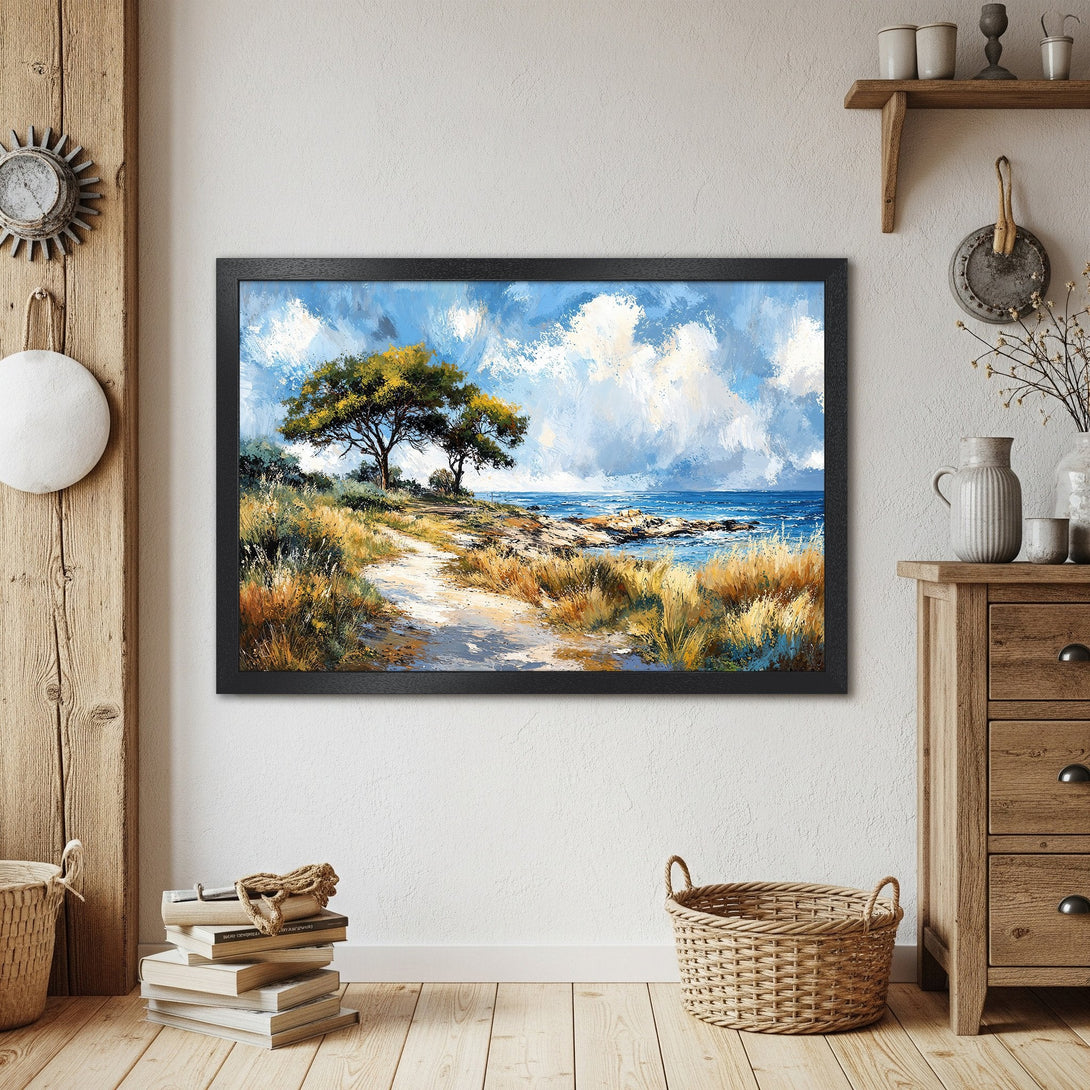Framed Poster of coastal landscape art. Impressionistic style with blue, yellow, and neutral tones. Perfect wall decor.