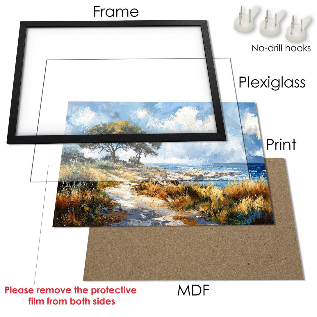 Framed Poster of a coastal landscape, featuring a vibrant blue, yellow, and green color palette. Perfect art for your home!