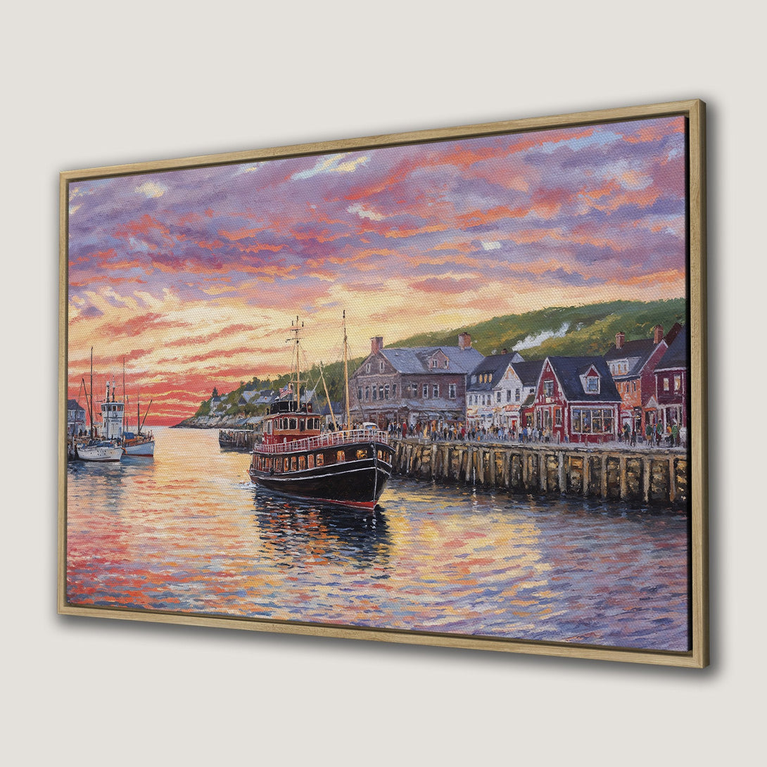 Framed Wall Art: Coastal harbor scene with boat, sunset sky, and buildings. Warm, vibrant color palette. Perfect for home decor.