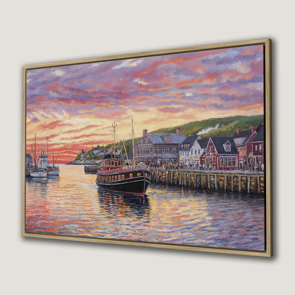 Framed Wall Art: Coastal harbor scene with boat, sunset sky, and buildings. Warm, vibrant color palette. Perfect for home decor.