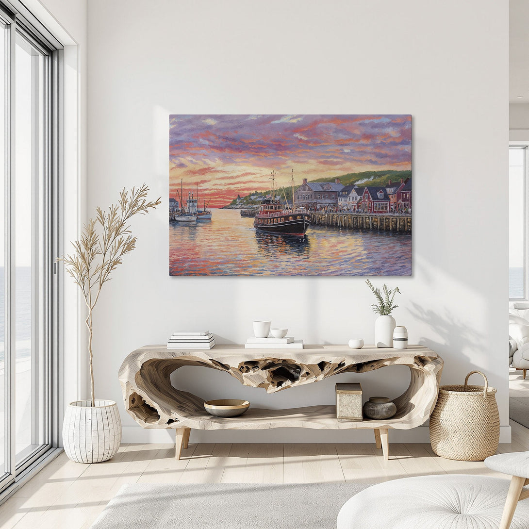 Framed Wall Art: Coastal harbor scene Canvas Print with vibrant sunset colors. Perfect for adding a touch of art and warmth to your home decor.