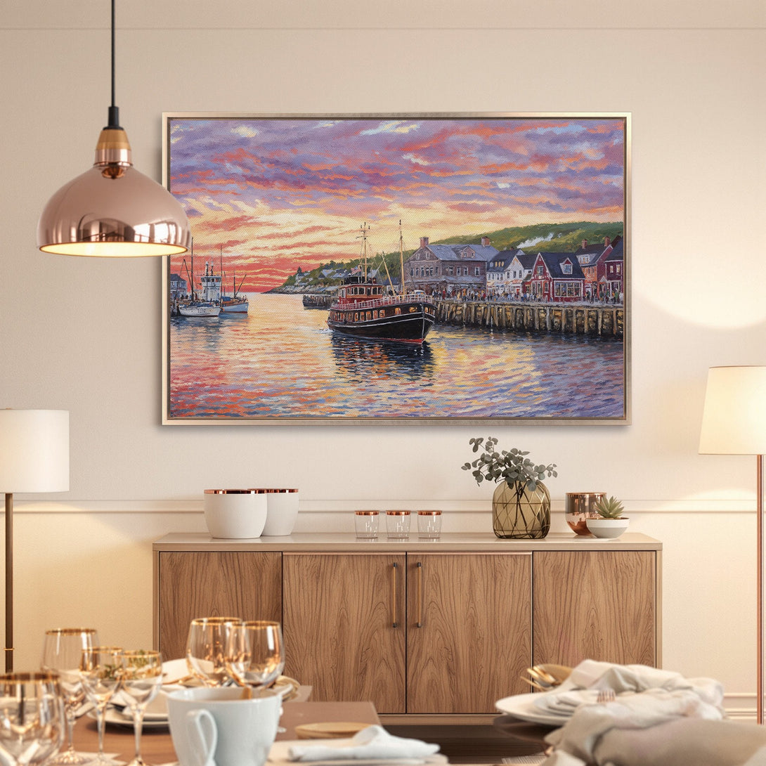 Framed Wall Art: Coastal harbor scene canvas print with sunset hues. Impressionistic style, warm red, orange, and purple color palette. Perfect for home decor.