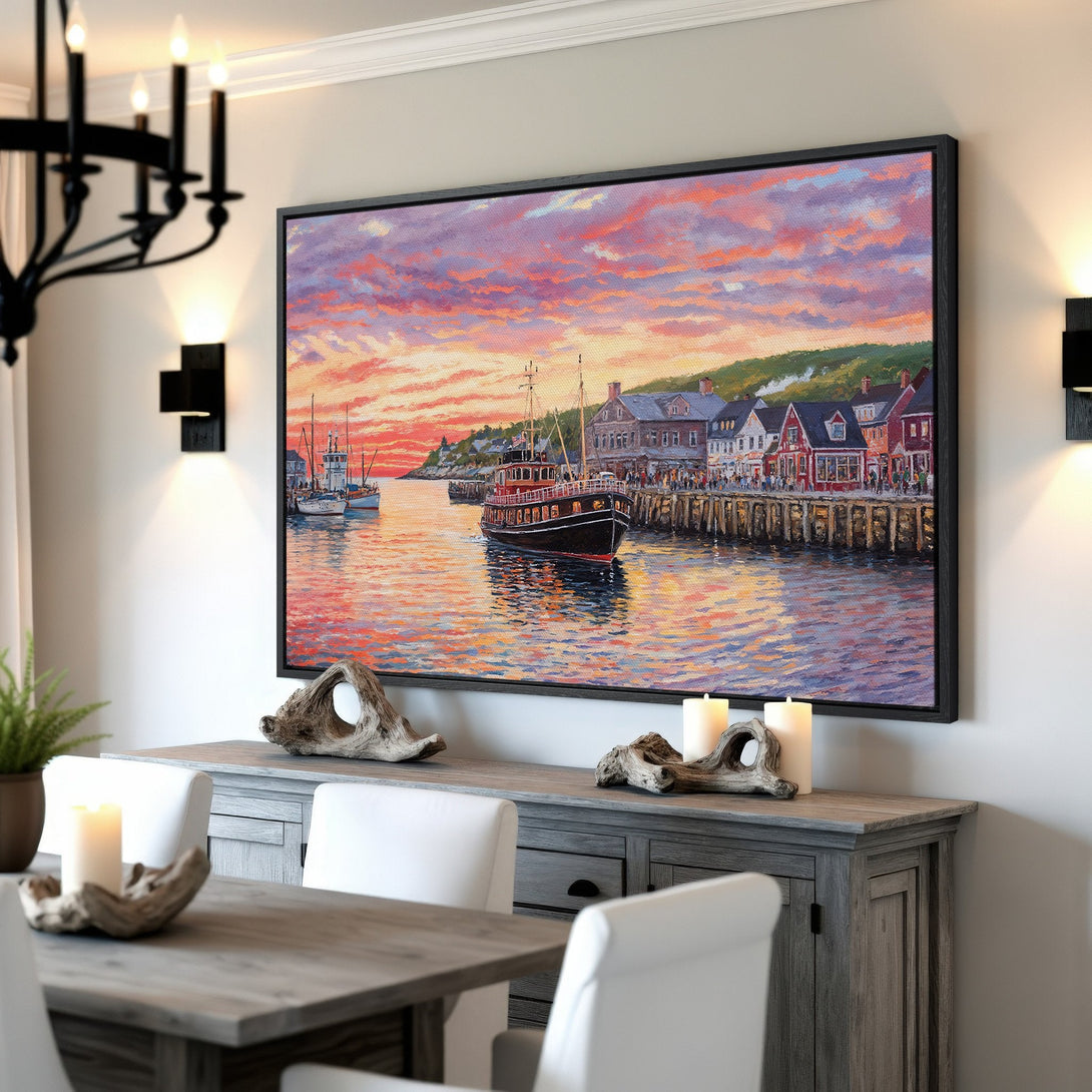 Framed Wall Art: Coastal harbor scene Canvas Print with vibrant sunset colors. Perfect for adding a touch of nautical charm to your home decor.