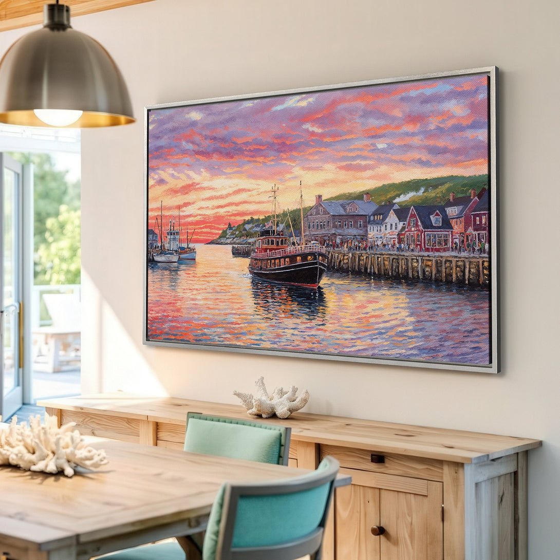 Framed Wall Art: Coastal harbor scene Canvas Print with vibrant sunset colors. Perfect for adding a touch of nautical charm to your home decor.