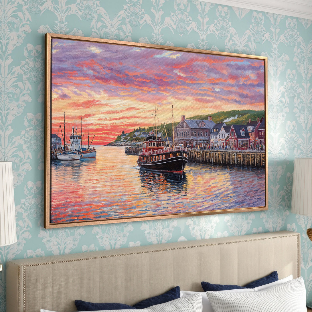 Framed Wall Art: Coastal sunset painting with warm orange and purple hues. Adds a touch of nautical charm to any space. Perfect for living rooms & bedrooms.