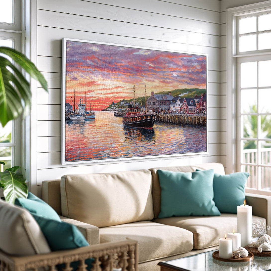 Framed Wall Art: Coastal sunset harbor scene in warm hues. Beautiful canvas print adds a touch of nautical charm to any home decor, perfect for living rooms.