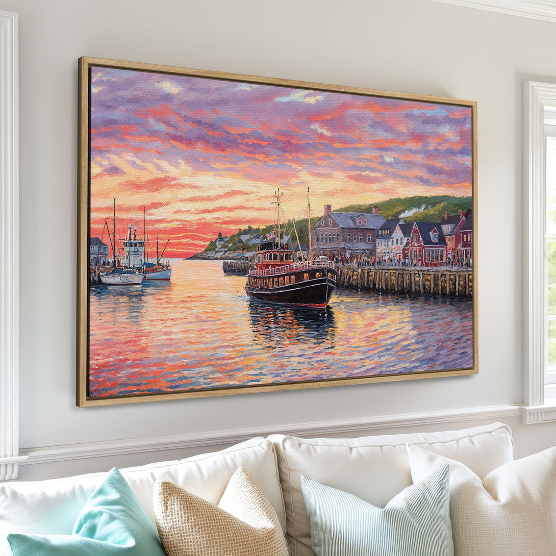 Framed Wall Art: Coastal sunset painting with boats and harbor, vibrant colors. Perfect for nautical decor. Canvas print in a living room.