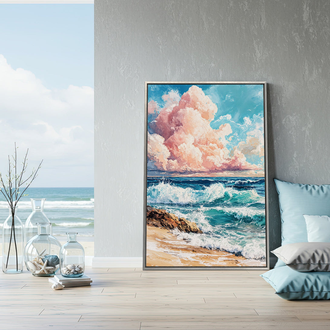 Framed Wall Art: Coastal scene canvas print with vibrant turquoise, pink, and blue hues. Perfect for adding a touch of serenity and style to any space.
