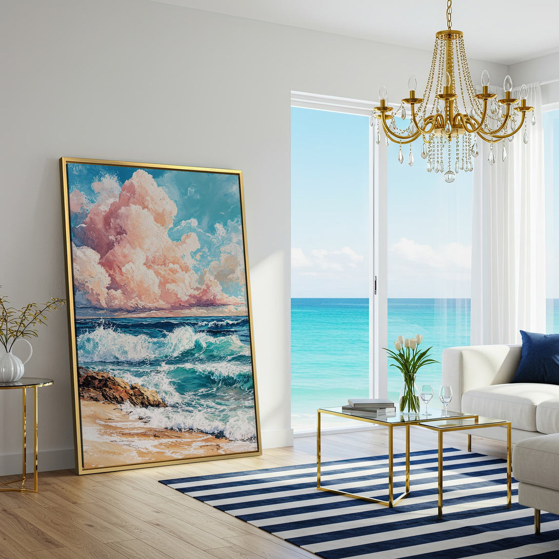 Canvas Print of a vibrant ocean scene with pink clouds and turquoise waves. Coastal art in a bright, airy living room.