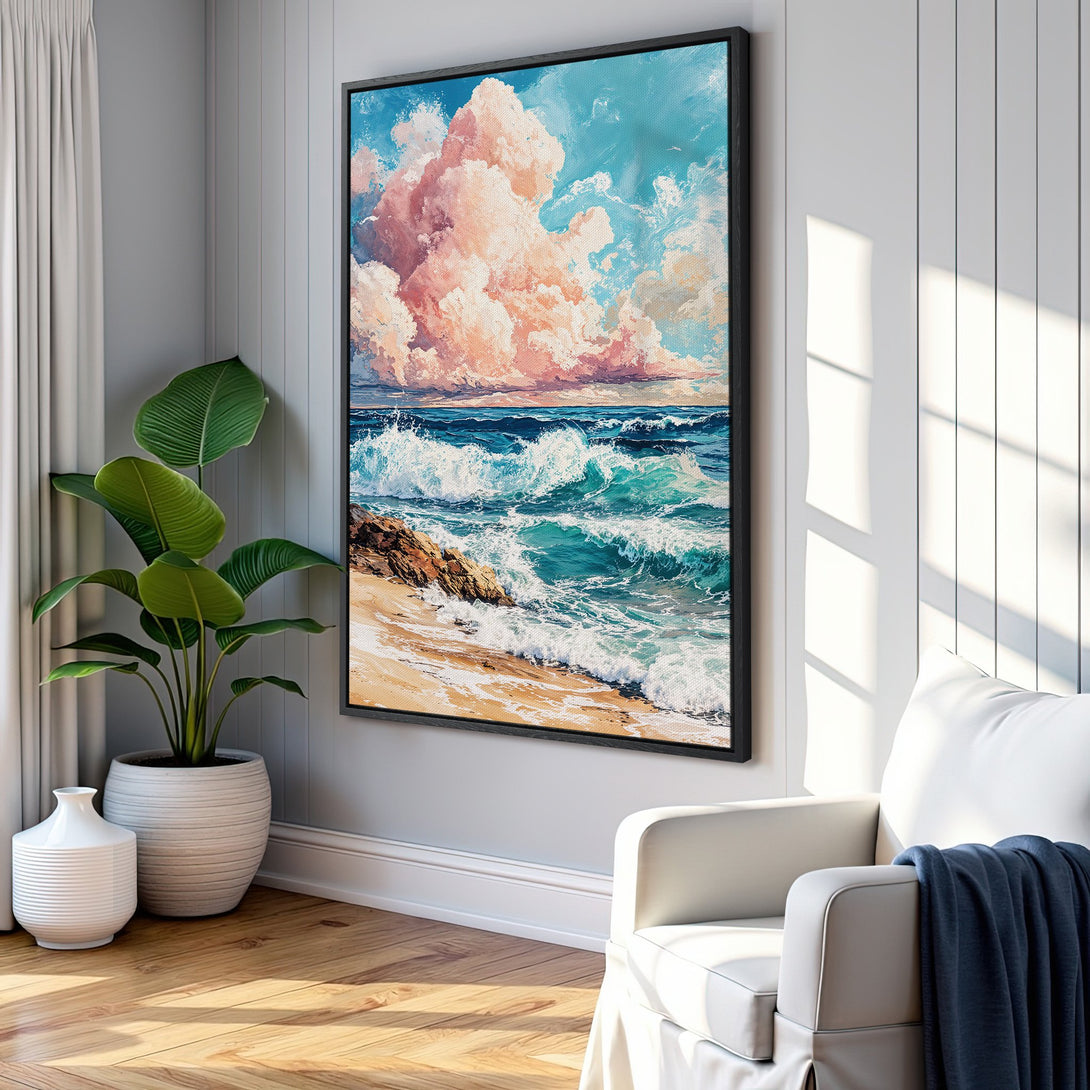 Framed Wall Art: Coastal scene canvas print with vibrant blues, pinks, and turquoise. Perfect for beach house decor or adding a pop of color to your living room.