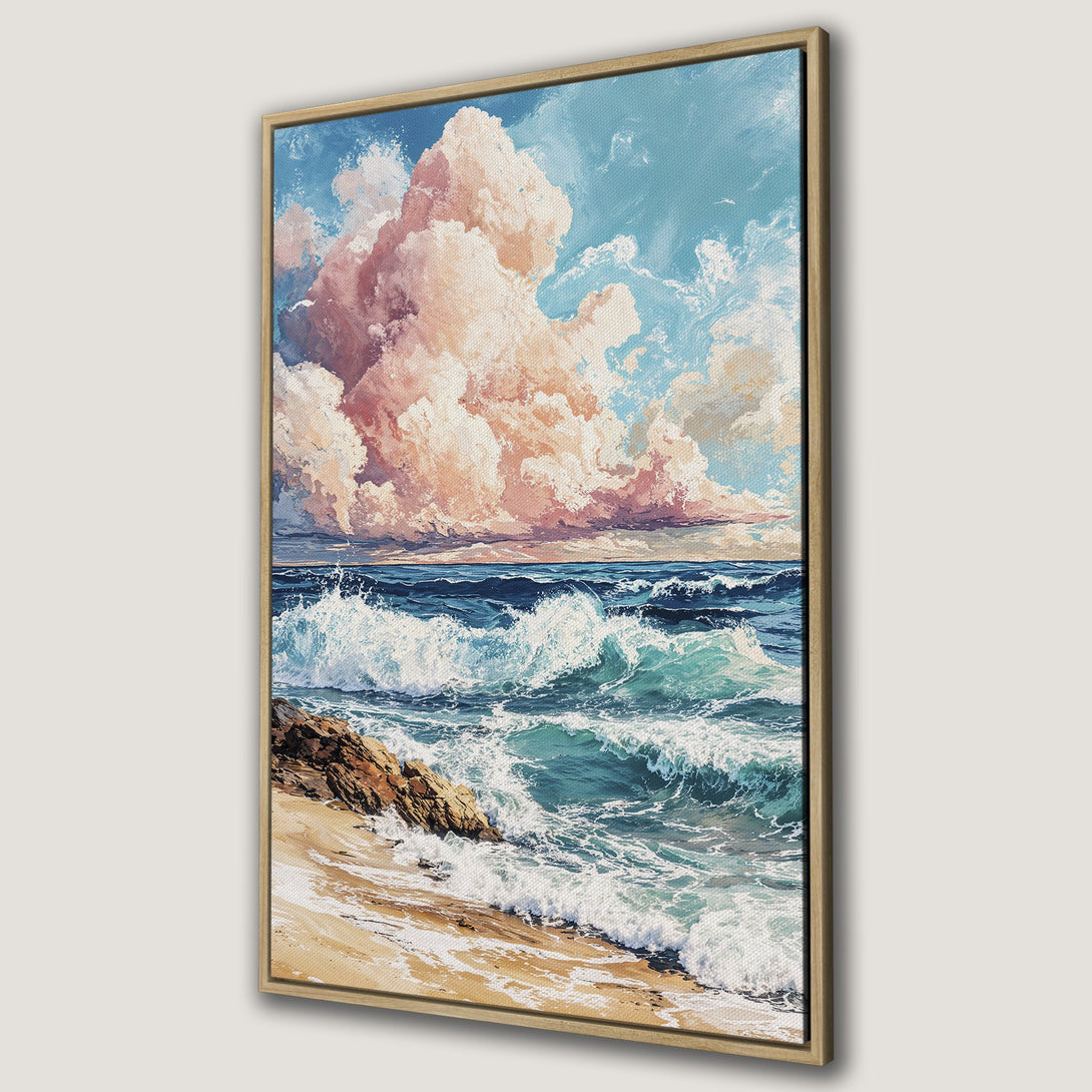Framed Wall Art: Ocean waves painting with a vibrant blue and peach color palette. Coastal art for a calming home decor.