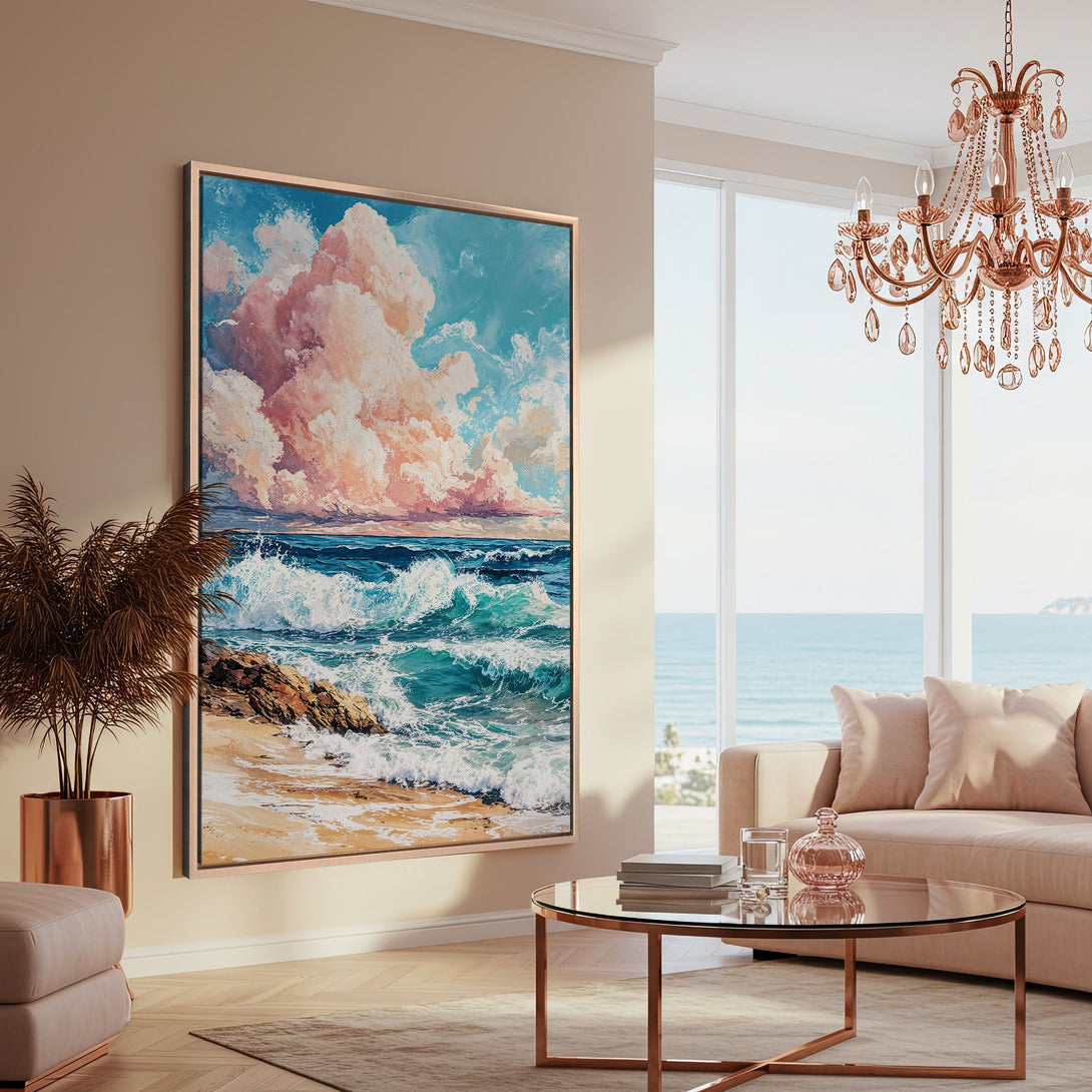 Framed Wall Art: Coastal scene Canvas Print with vibrant blue, pink, and teal hues. Modern artwork of ocean waves, perfect for living room decor.