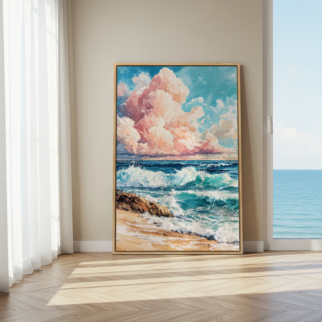 Framed Wall Art: Coastal Canvas Print in vibrant blues, pinks, and turquoise. Perfect ocean-themed art for your home decor.