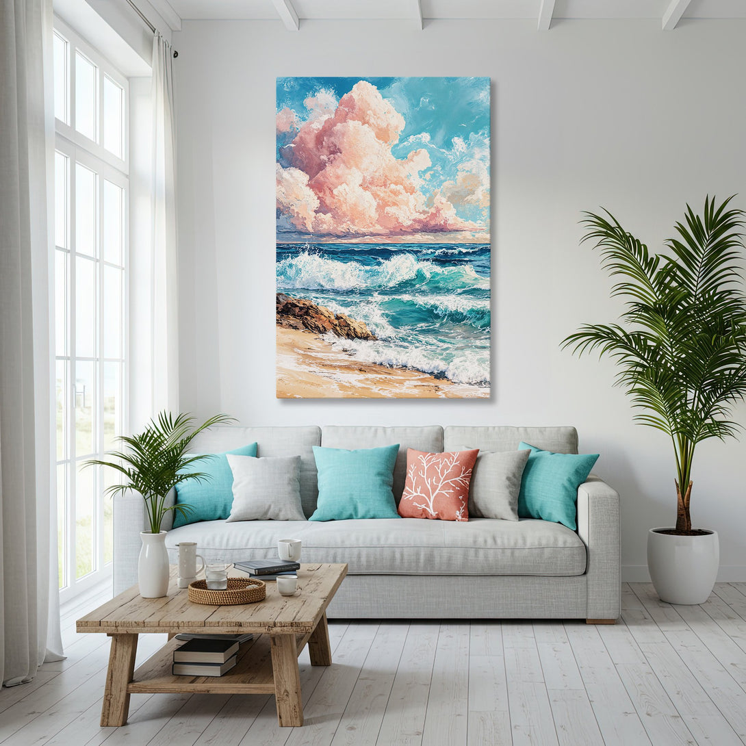 Framed Wall Art: Coastal scene Canvas Print with ocean waves, pink clouds, and blue sky. Adds a touch of serenity and style to any interior.