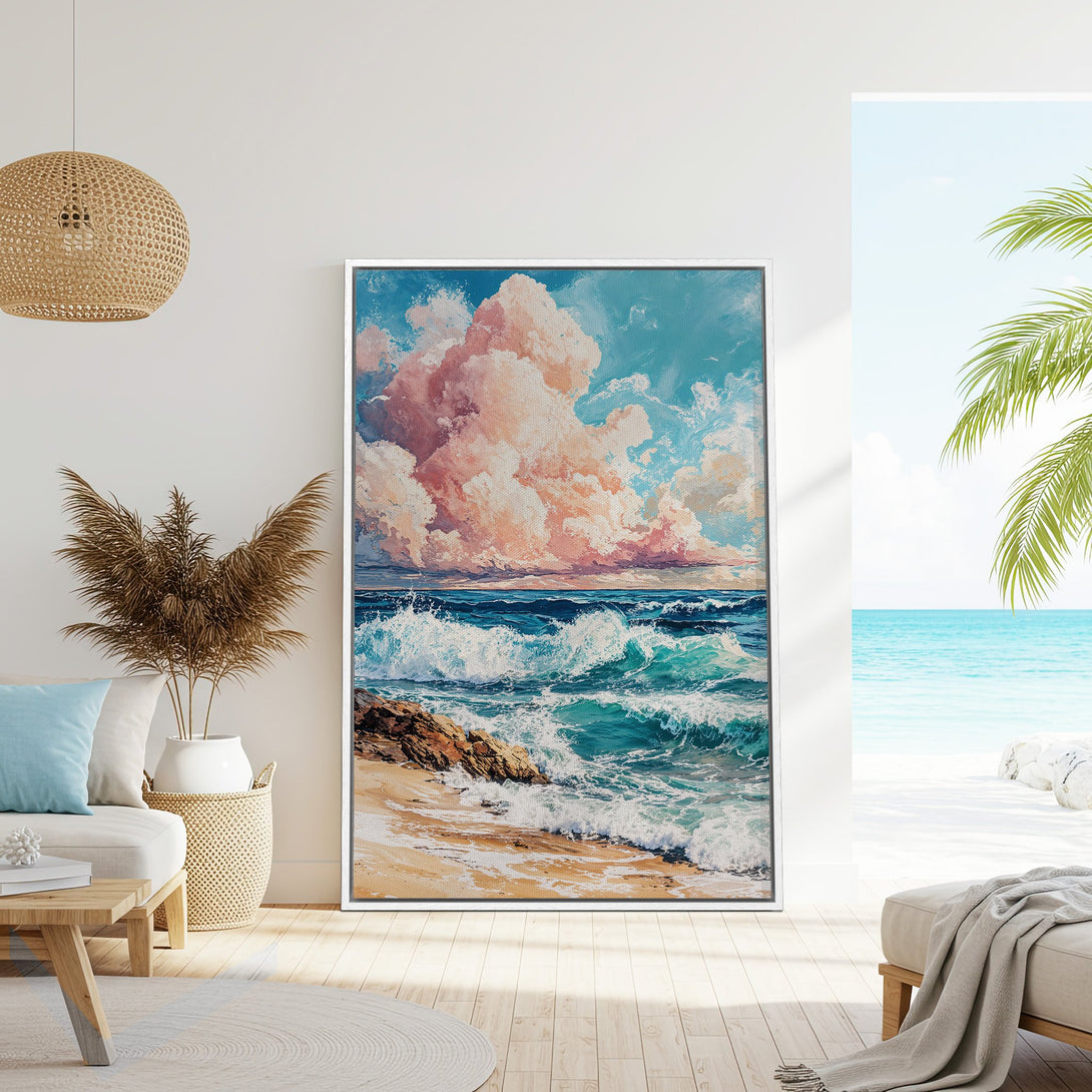 Framed Wall Art: Coastal landscape Canvas Print with vibrant turquoise and pink hues. Perfect for adding a touch of serenity and style to any space.