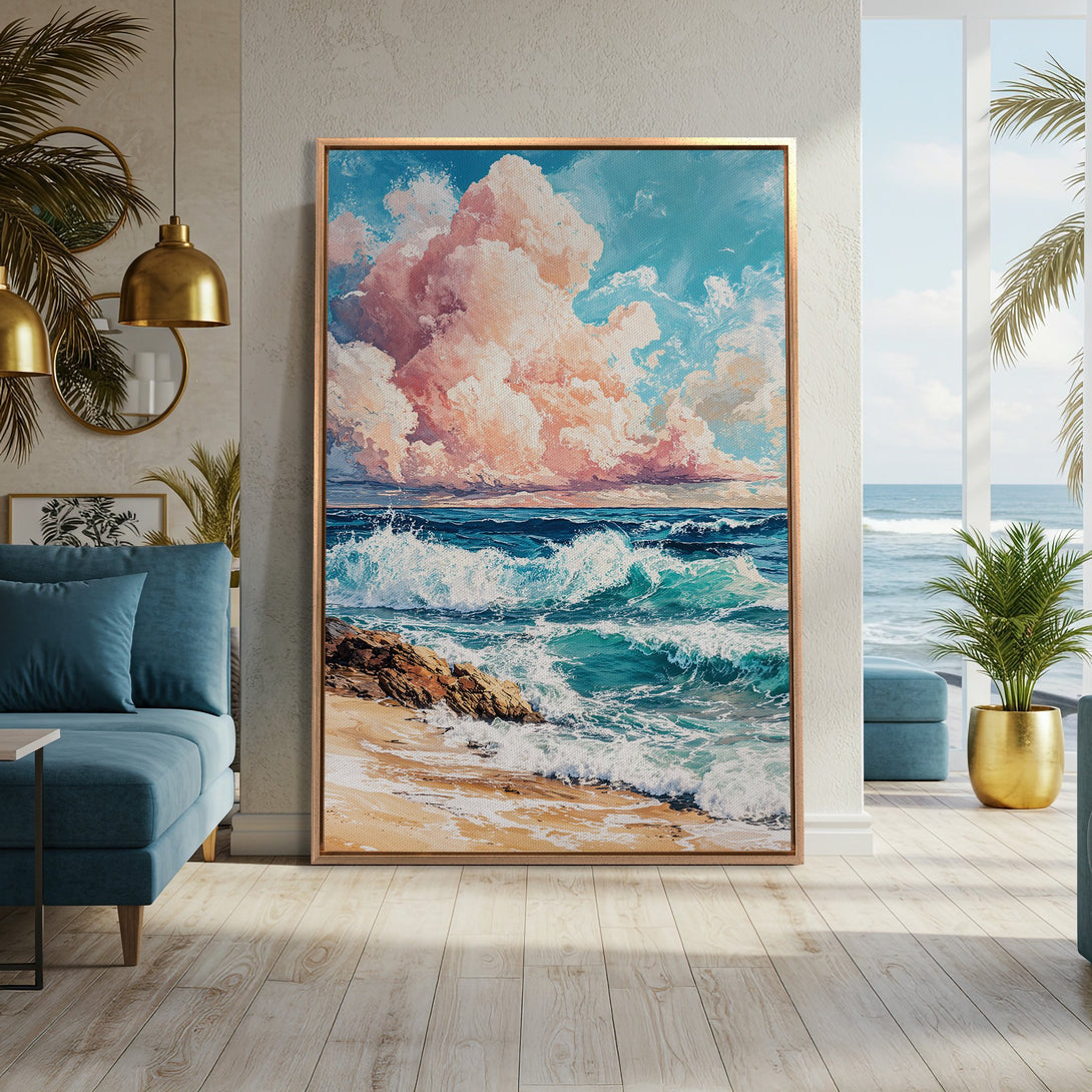 Framed Wall Art Canvas Print of a serene ocean scene with pink clouds, turquoise waves, and a beach, displayed in a stylish interior.