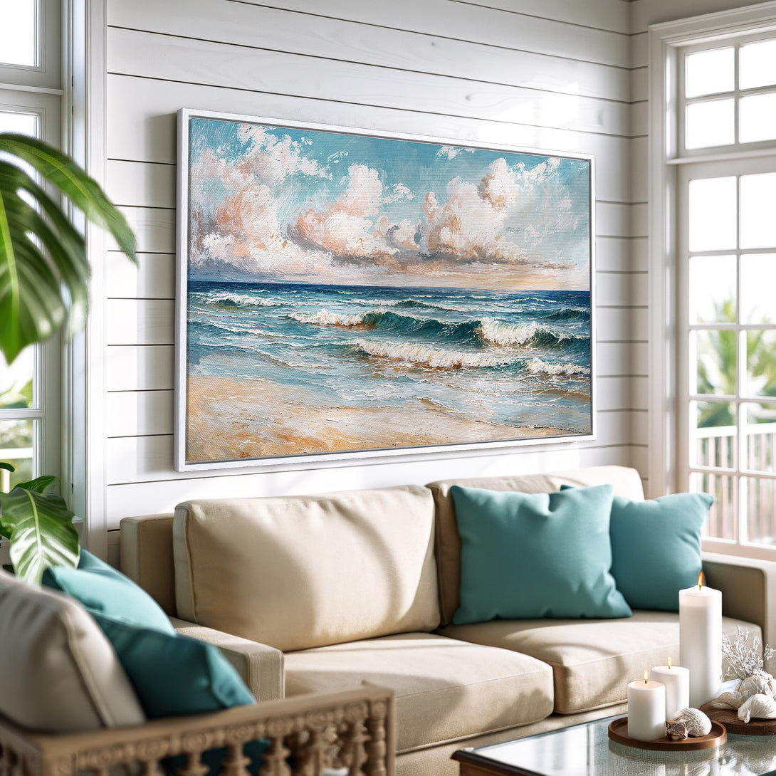 Framed Wall Art: Coastal landscape Canvas Print in blue, white, and beige tones. Perfect for adding a serene, beachy vibe to your home decor.
