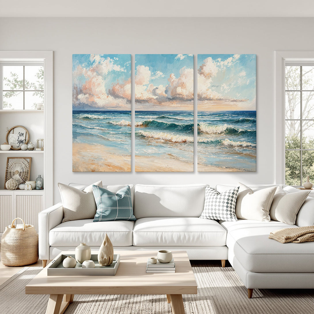 Canvas Print of a serene ocean scene in a coastal style with a blue, beige, and white color palette, perfect for home decor.