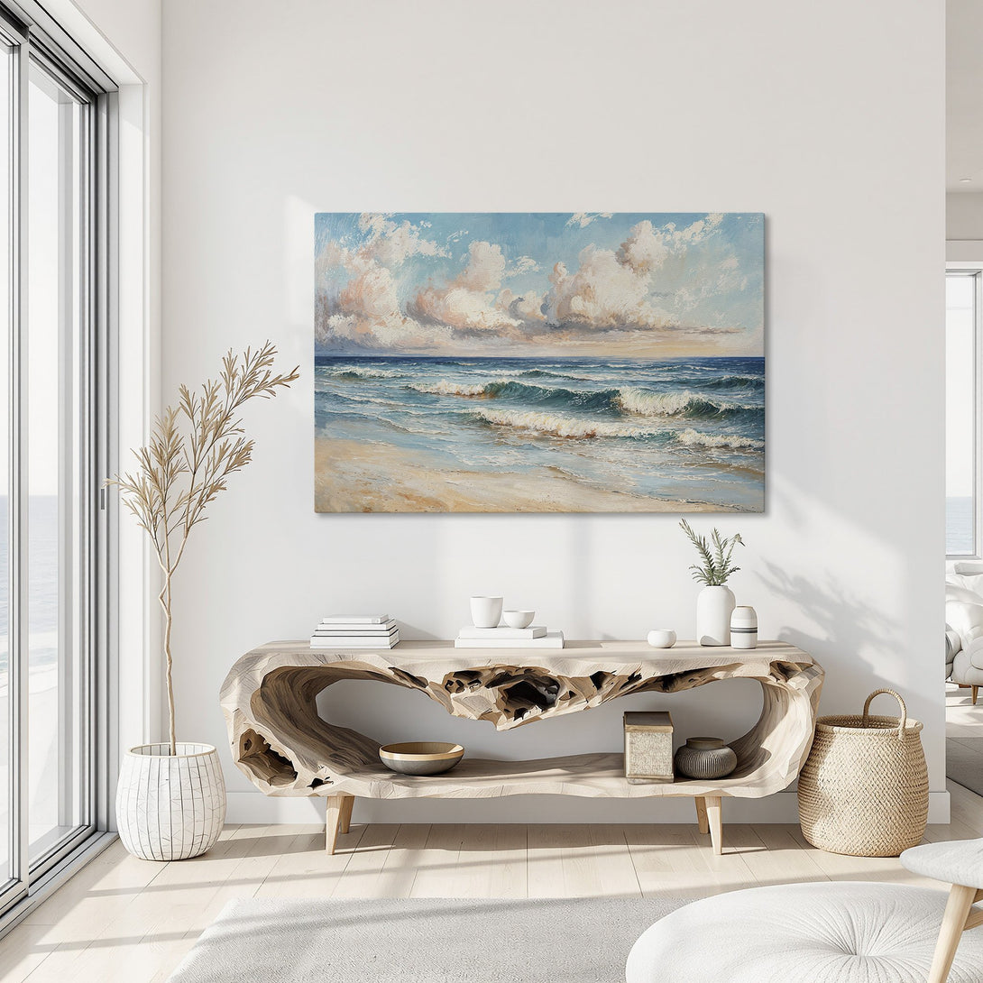 Framed Wall Art: Ocean waves painting with blue, teal, and peach tones. Coastal style canvas print adds a serene touch to any interior.