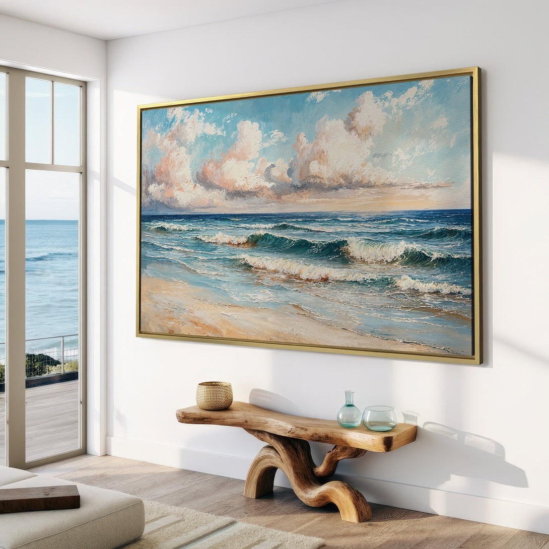 Canvas Print of a serene beach scene in a coastal style with blue, beige, and white hues. Perfect for adding a calming touch to any space.