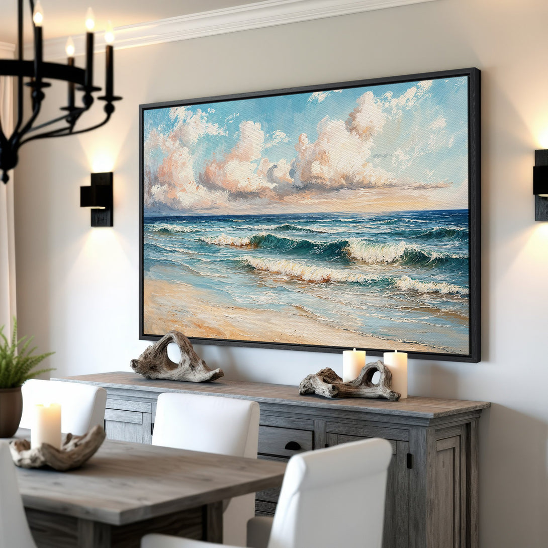 Framed Wall Art: Coastal beach scene Canvas Print in blue, beige, and white tones. Perfect for adding a serene, relaxing vibe to your home decor.