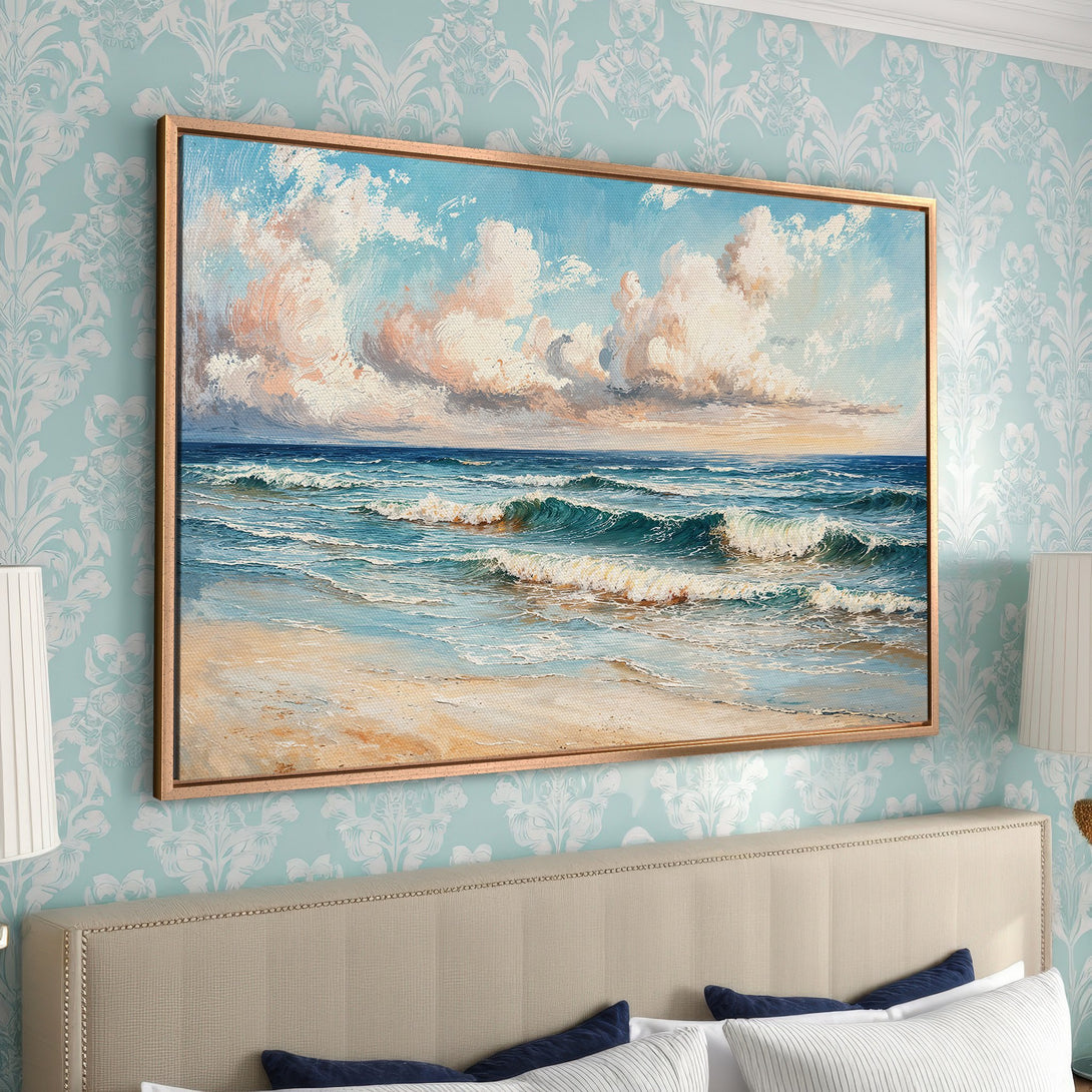 Framed Wall Art: Coastal beach scene canvas print with blue, teal, and beige tones. Perfect for adding a touch of serenity to your bedroom decor.