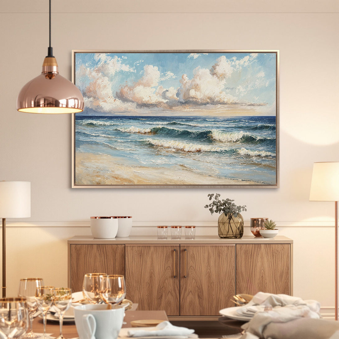 Framed Wall Art: Coastal landscape Canvas Print with blue, white, and beige tones. Bring the beach to your home!