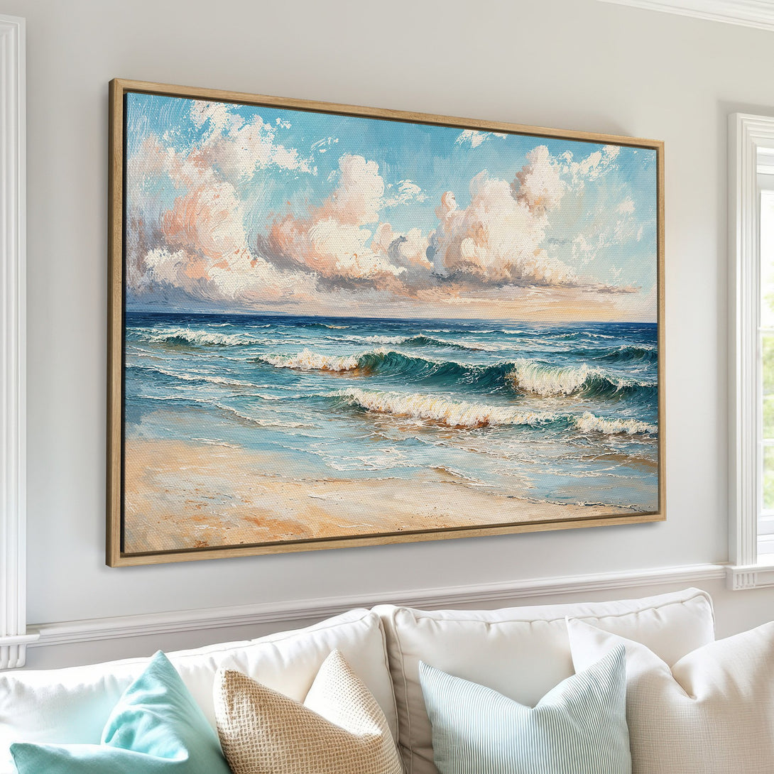 Framed Wall Art: Coastal beach scene Canvas Print in blue, beige, and white. Perfect for a calming living room or bedroom decor.