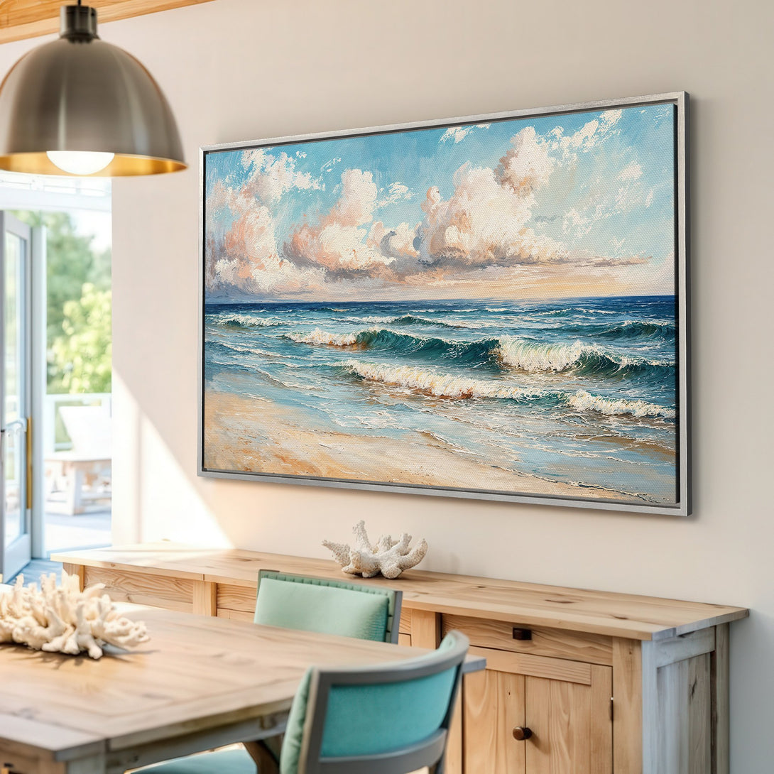 Framed Wall Art: Coastal landscape Canvas Print in serene blues, whites, and peach tones. Bring the beach vibes to your home with this beautiful artwork.