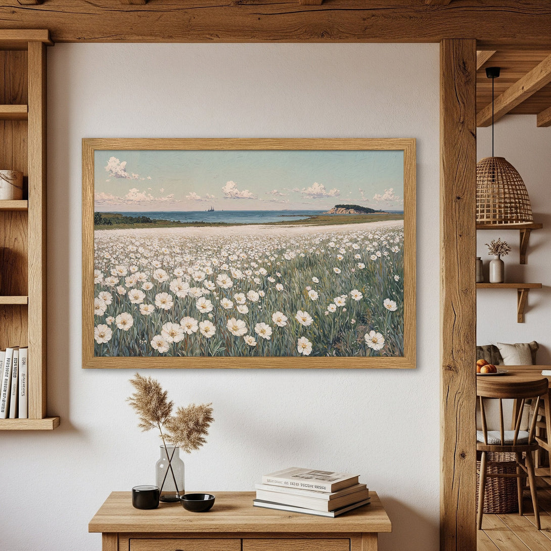 Framed Poster of a serene field of white flowers, painted in a classic style with a soft, pastel color palette. Perfect for home decor.
