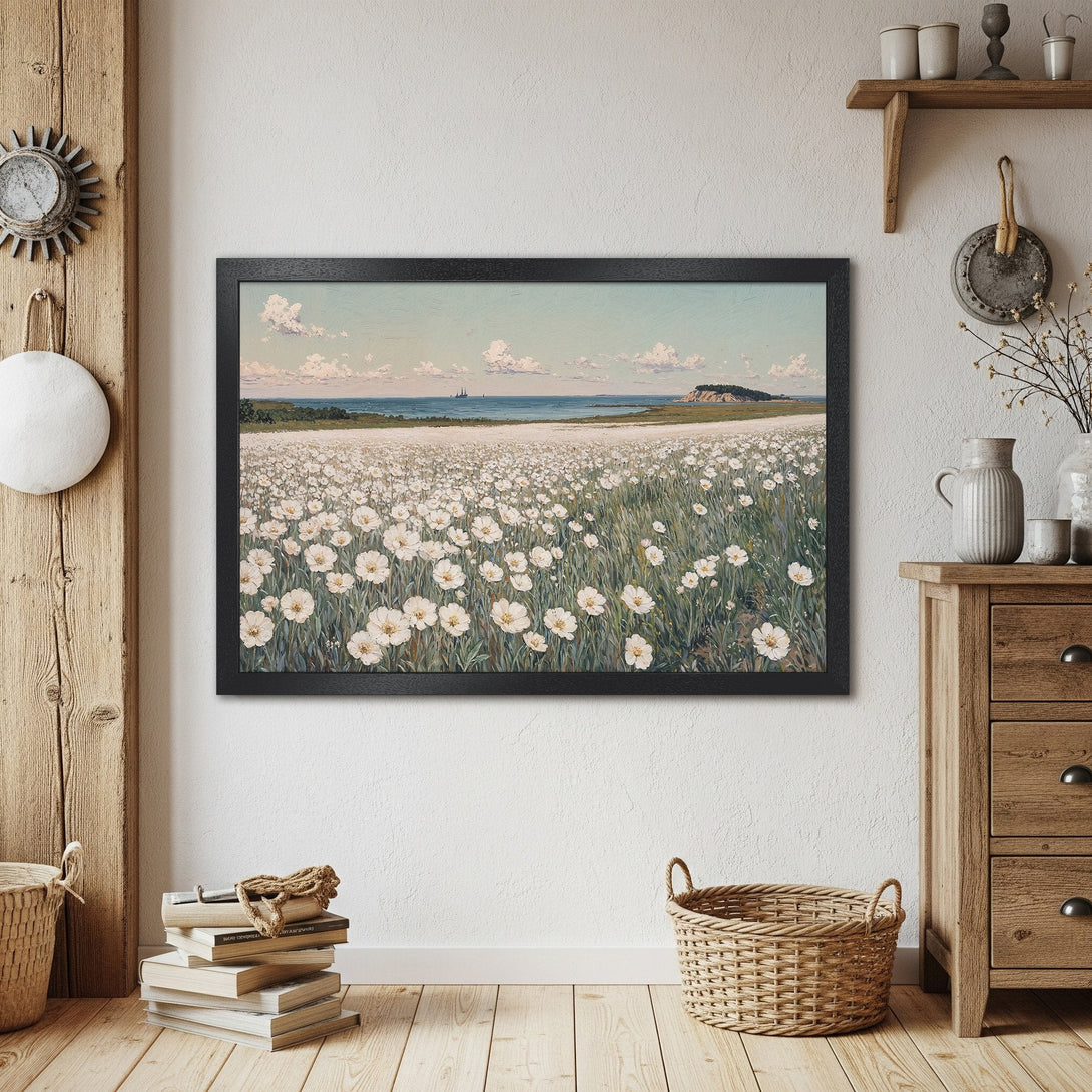 Framed Poster featuring a serene field of white flowers, painted in a classic style with a soft, pastel color palette. Perfect wall art.