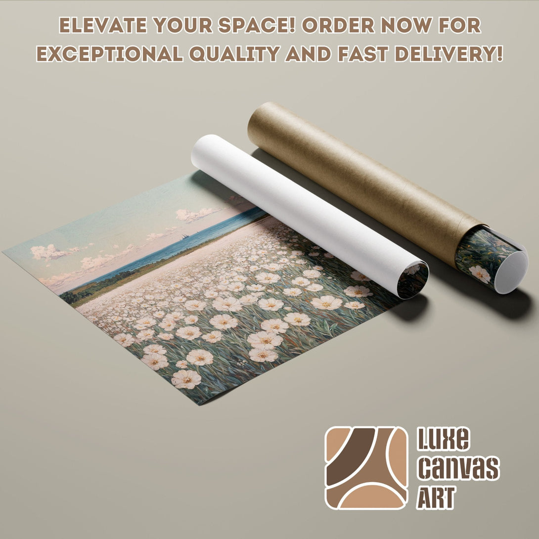 Poster Roll featuring a field of white flowers, pastel colors, impressionist style.