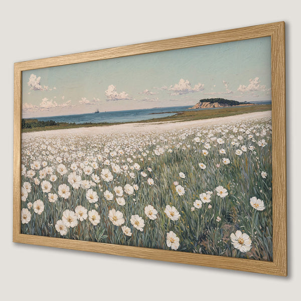 Framed Poster of a field of white flowers, impressionist style, with a calming blue and green color palette.