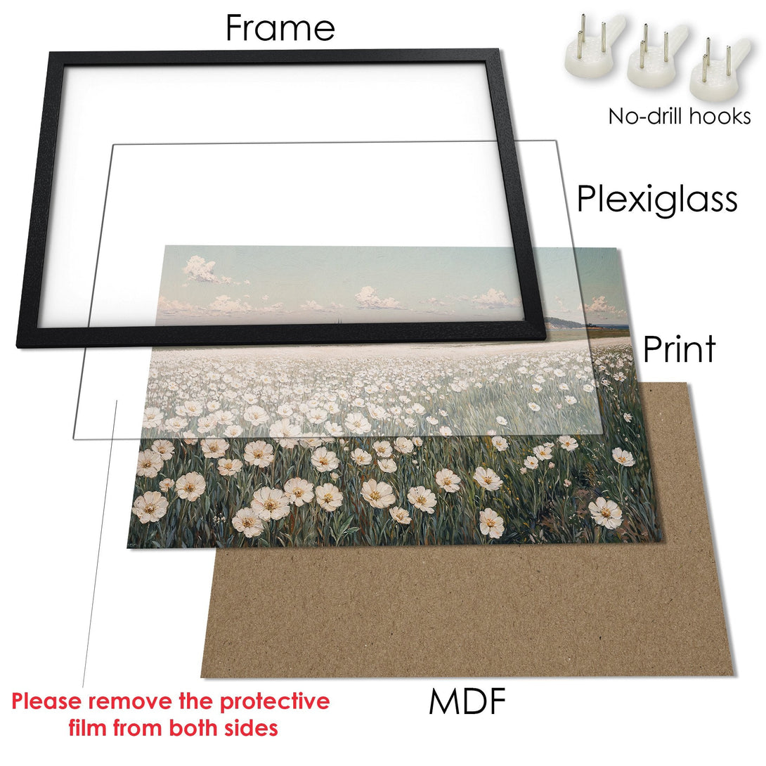 Framed Poster of a field of white flowers, impressionist style, with a soft, pastel color palette. Perfect wall art!