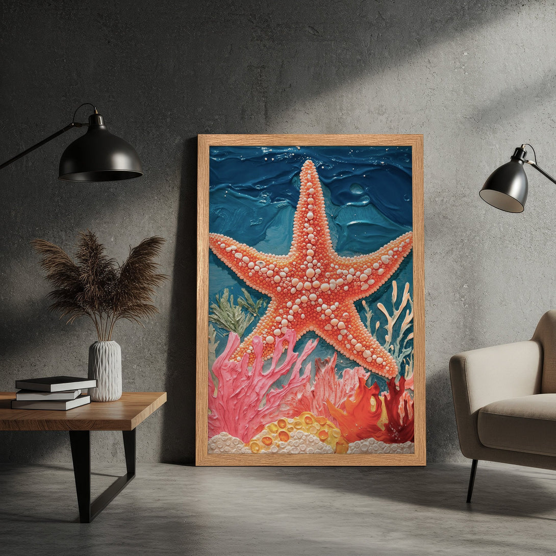 Framed Poster featuring an abstract starfish and coral reef art. Vibrant coral, orange, and blue palette. Perfect wall decor!