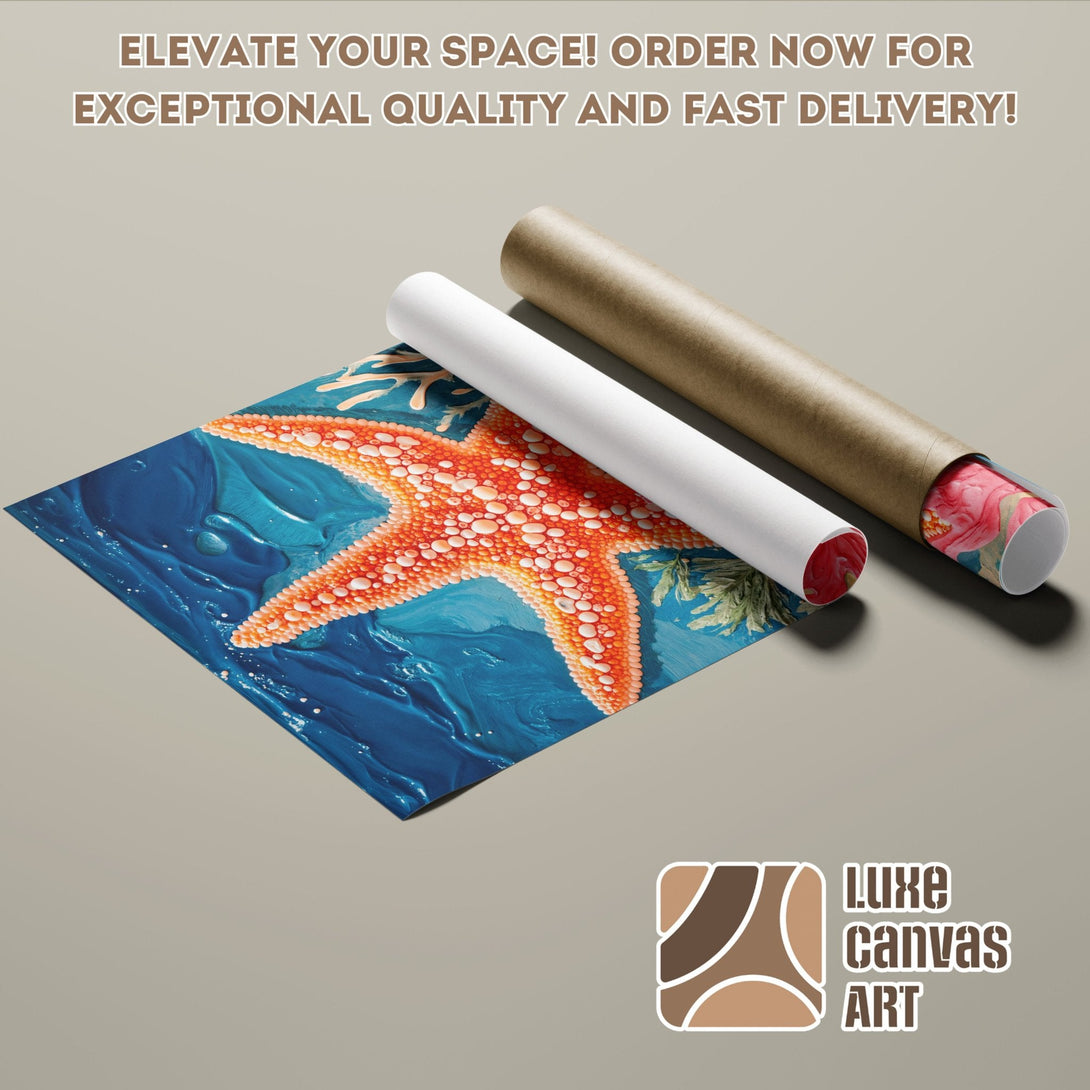 Vibrant starfish Poster Roll art, blue & orange palette. Elevate your space with this stunning ocean-themed print.