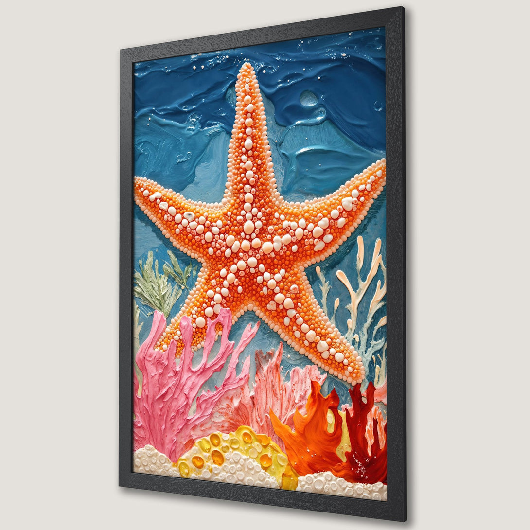 Framed Poster featuring a textured starfish & coral reef art in vibrant orange, pink, and blue. Perfect ocean-themed decor!