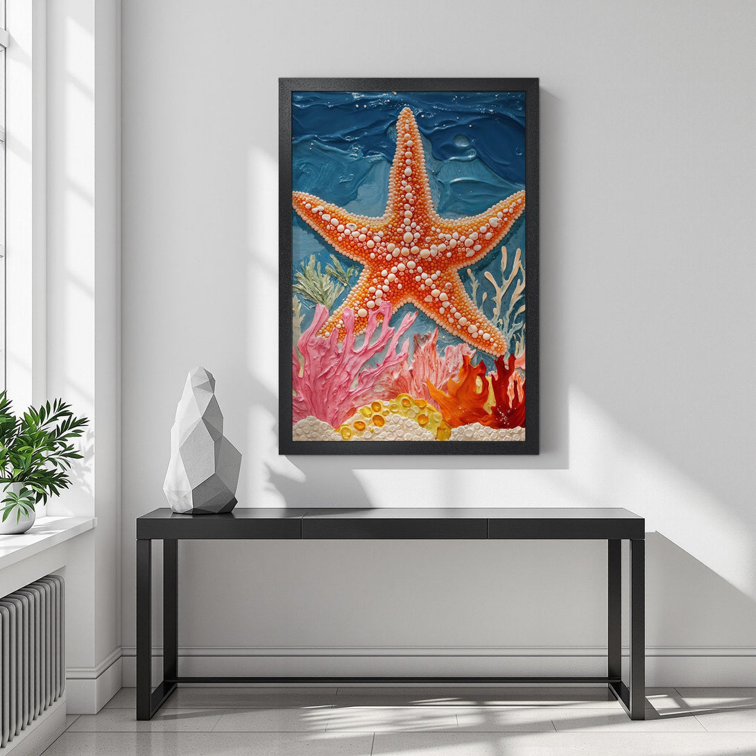 Framed Poster featuring a vibrant starfish and coral reef art. Coastal style with orange, blue, and pink color palette. Perfect ocean decor!
