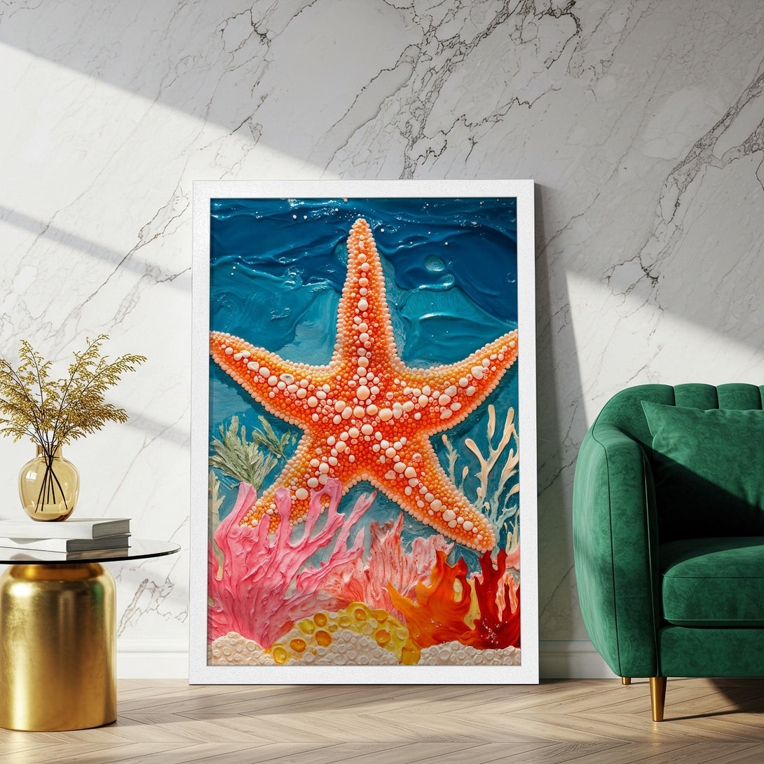 Framed Poster featuring a vibrant starfish in a colorful, textured style. Ocean-themed art with a warm, coral, and blue palette.