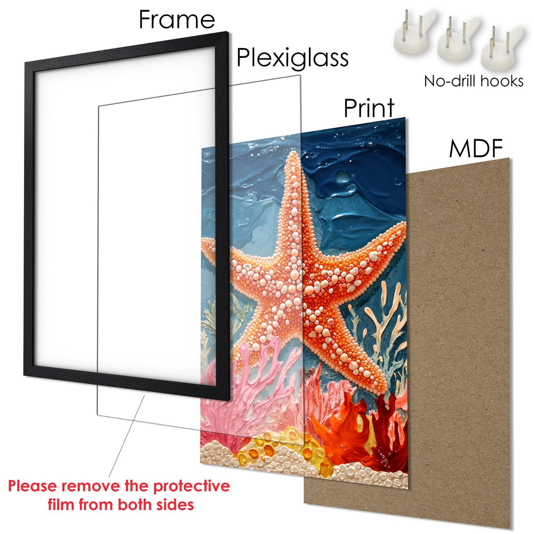 Framed Poster featuring a vibrant starfish in a colorful, textured style. Coastal art with a blue, orange, and pink palette. Perfect wall decor!