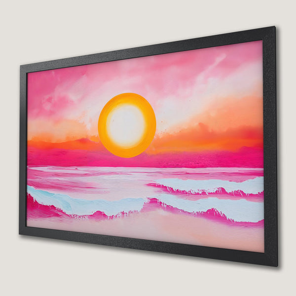 Framed Poster of a sunset over the ocean, vibrant pink, orange, and yellow color palette, modern art style.