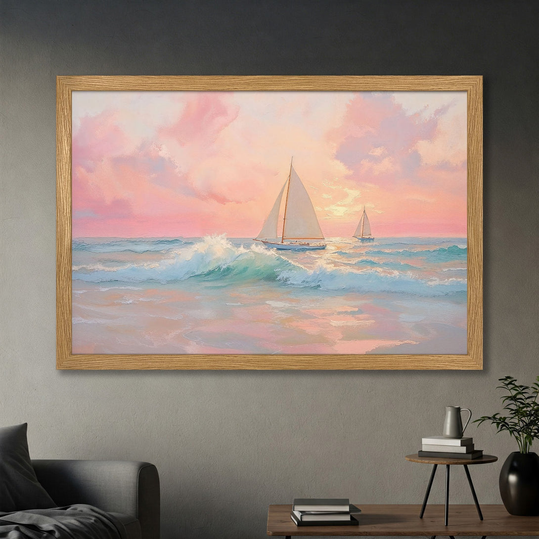 Framed Poster of sailboats on the ocean at sunset. Coastal art in a pastel pink and blue color palette.