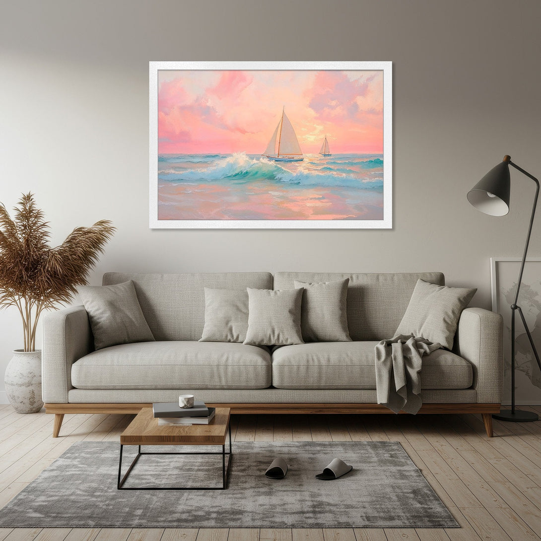 Framed Poster featuring a serene seascape with sailboats, painted in a soft, impressionistic style, and a pastel pink and blue color palette.