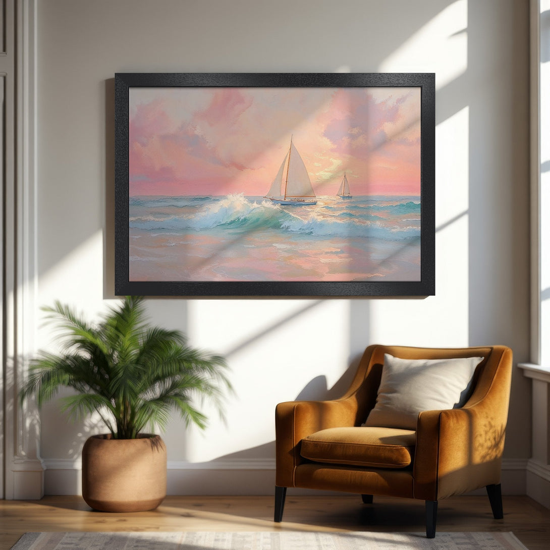 Framed Poster: Sailboats at sunset, impressionistic style with pink, blue, and gold hues. Perfect coastal wall art for your home!