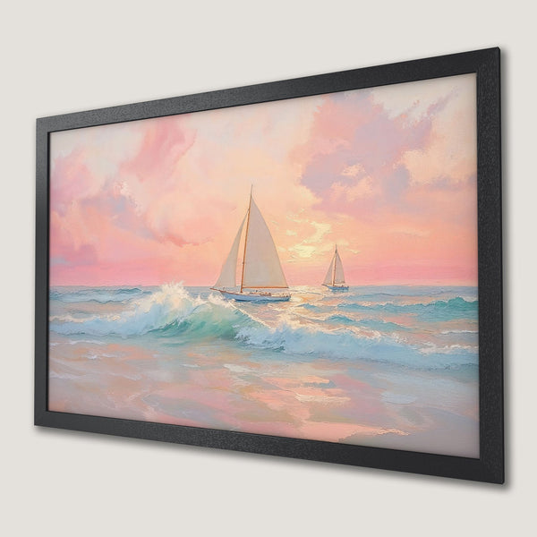 Framed Poster of sailboats on the ocean, painted in a soft, impressionistic style with a pink, blue, and peach color palette. Perfect wall art!