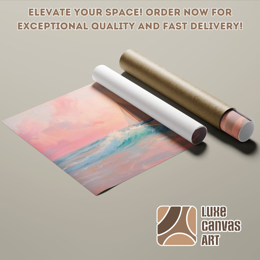 Poster Roll featuring a seascape artwork in pastel pink and blue tones. Elevate your space with this beautiful art!