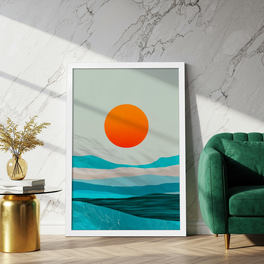 Framed Poster featuring an abstract landscape with a vibrant orange sun, teal, and blue tones. Modern art for home decor.