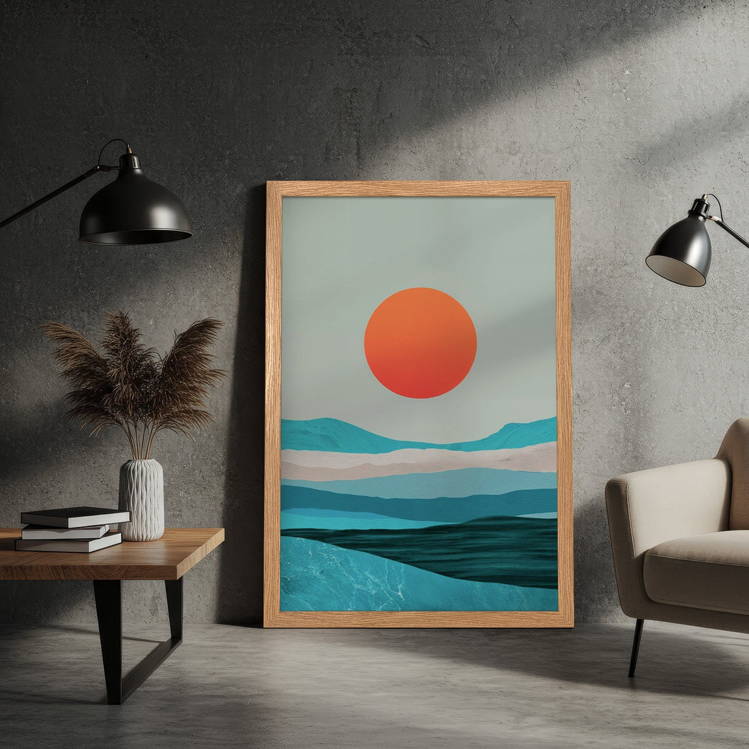 Framed Poster featuring a minimalist landscape with an orange sun, blue and teal mountains. Modern art print, perfect home decor.
